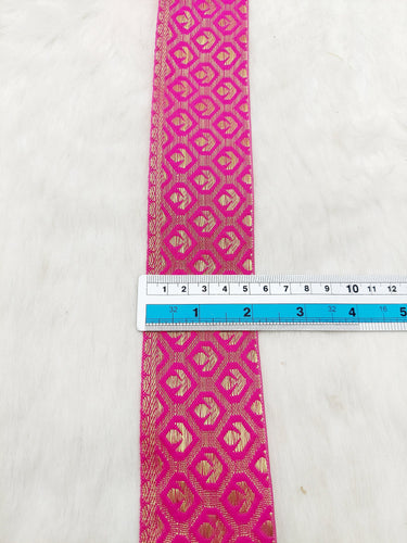 Jacquard Saree Border, Fuchsia Pink And Gold Woven Thread Work Trim, Jacquard Trimming Decorative Trim